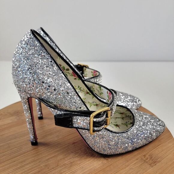 Gucci Calfskin Glitter Slyvie Mary Jane Pumps Argento Women Heels EU 38 US 7.5 - Picture 7 of 13